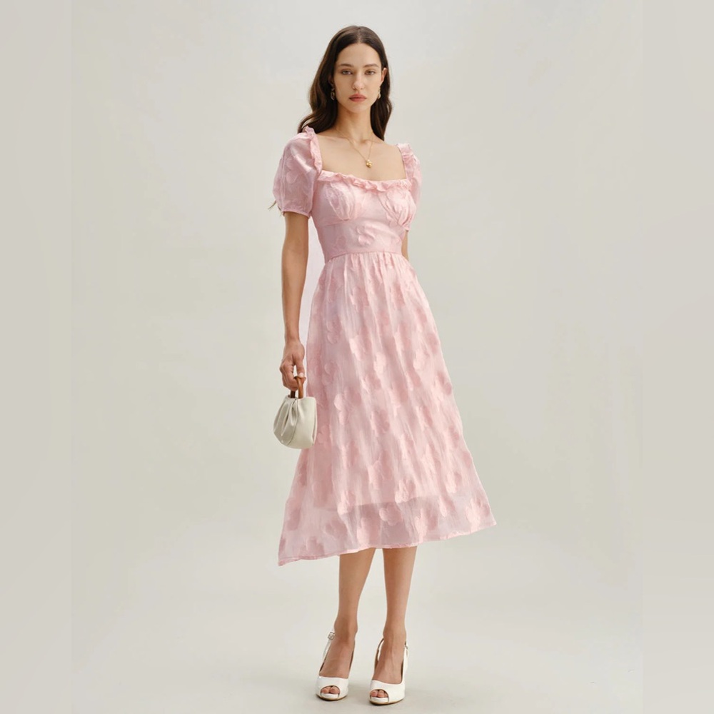Rihoas Pink Square Neck Puffed Sleeve Midi Dress